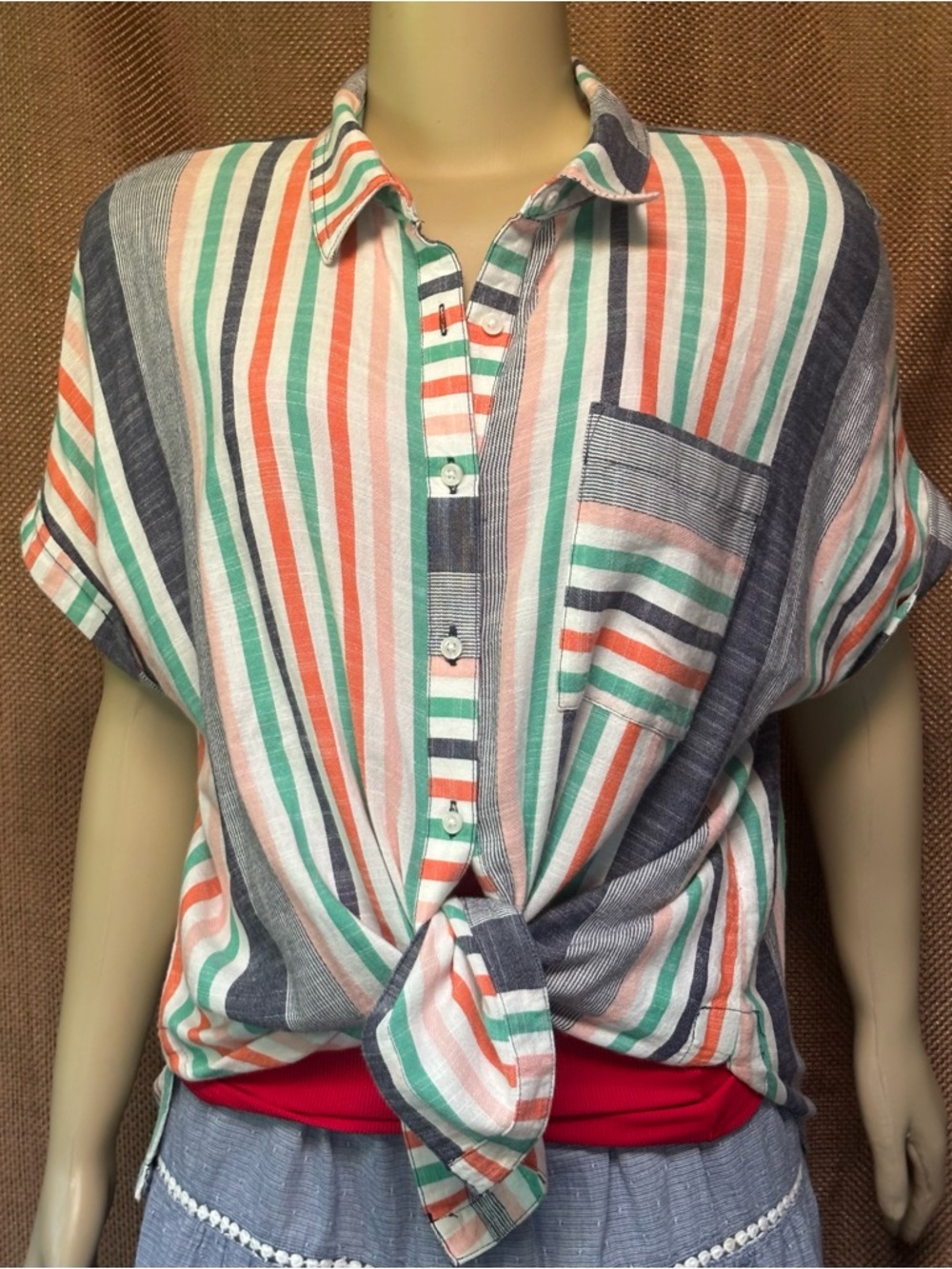 a.n.a Striped Button-Front Blouse in Green, Coral, Navy & White